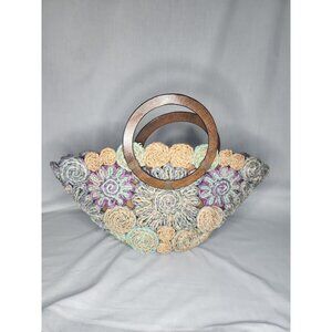 Braided Corn Husk Hand Bag Purse With Dark Wooden Handle Floral Design